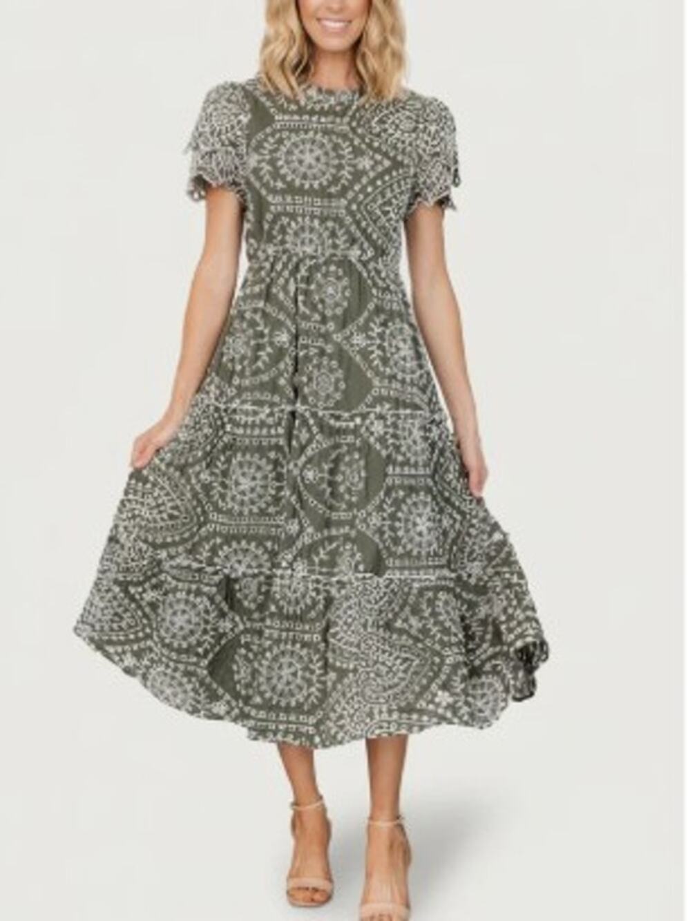 Baltic Born Mirabel Eyelet Midi Dress Olive Green White Sz XL